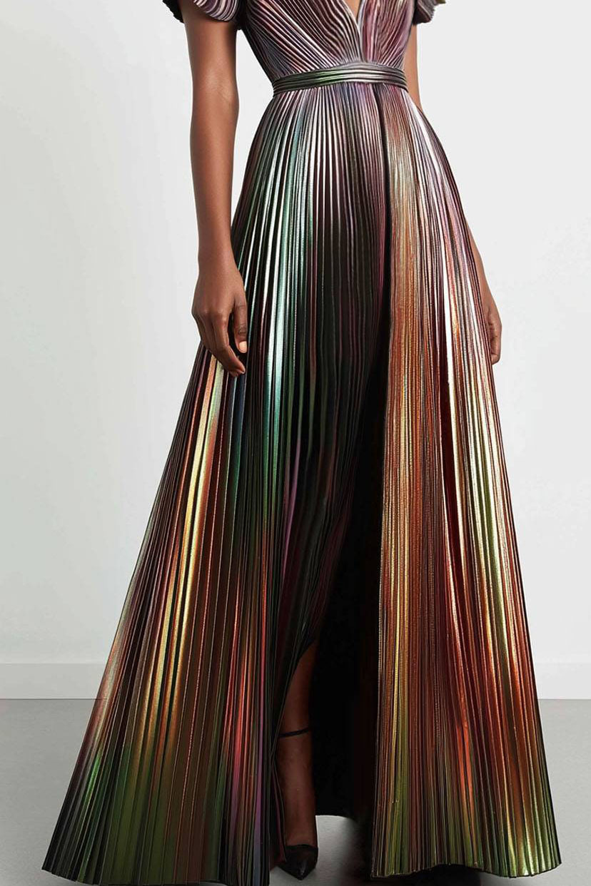 Formal Evening Dress Metallic Fabric Deep V High Split Maxi Dress