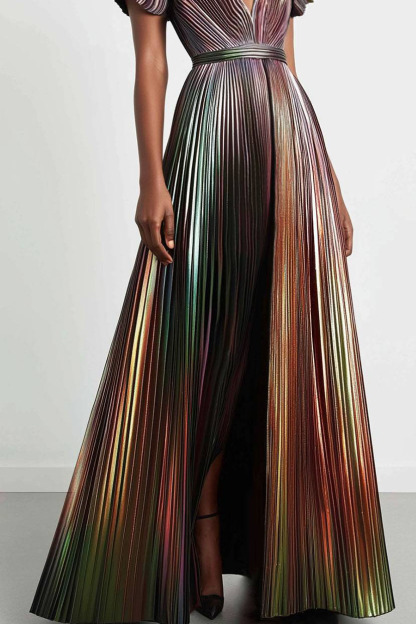 Formal Evening Dress Metallic Fabric Deep V High Split Maxi Dress