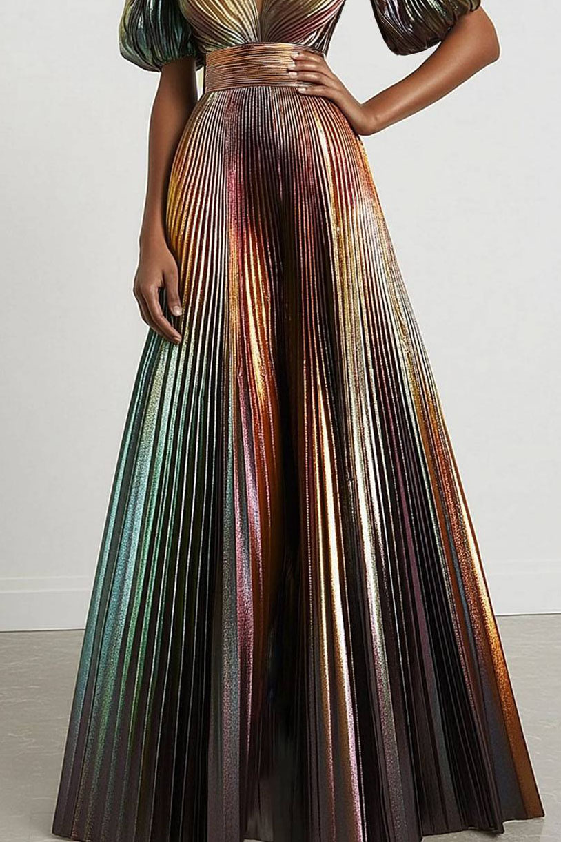 Formal Evening Dress Metallic Fabric Bubble Sleeve Deep V Pleated Maxi Dress
