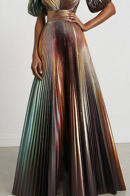 Formal Evening Dress Metallic Fabric Bubble Sleeve Deep V Pleated Maxi Dress