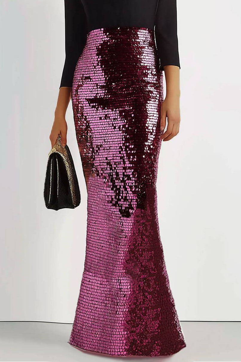 Formal Evening Sequin Dress Boat Neck Color Block Mermaid Maxi Dress