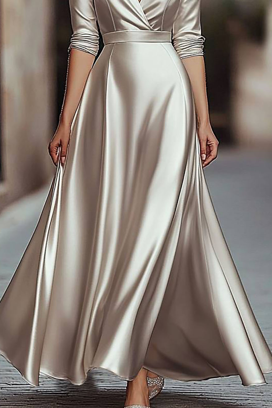 Elegant Formal Satin Dress Deep V Neck Light Gray Maxi Dress