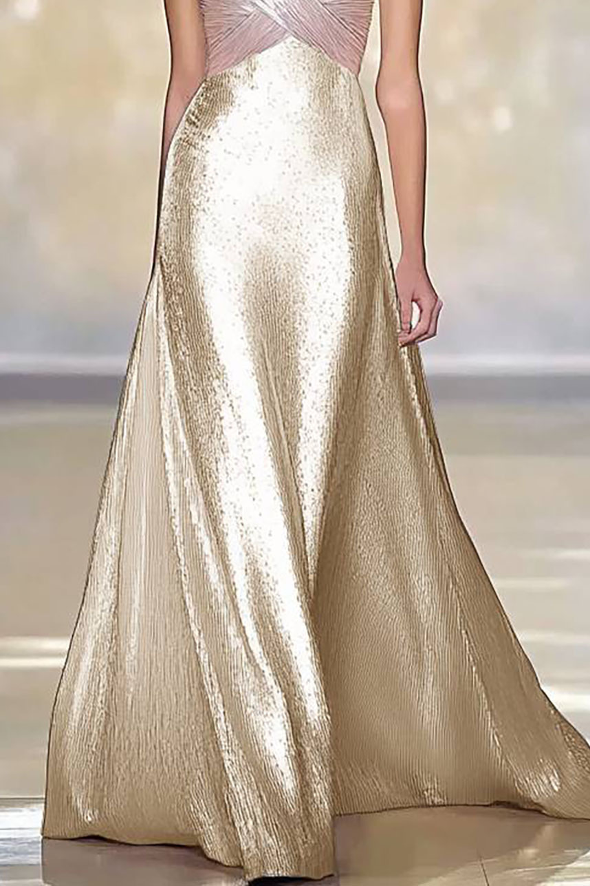 Evening Elegant Sequin Dress Pink Gold Color Block Sleeveless V-neck Floor-length Dress