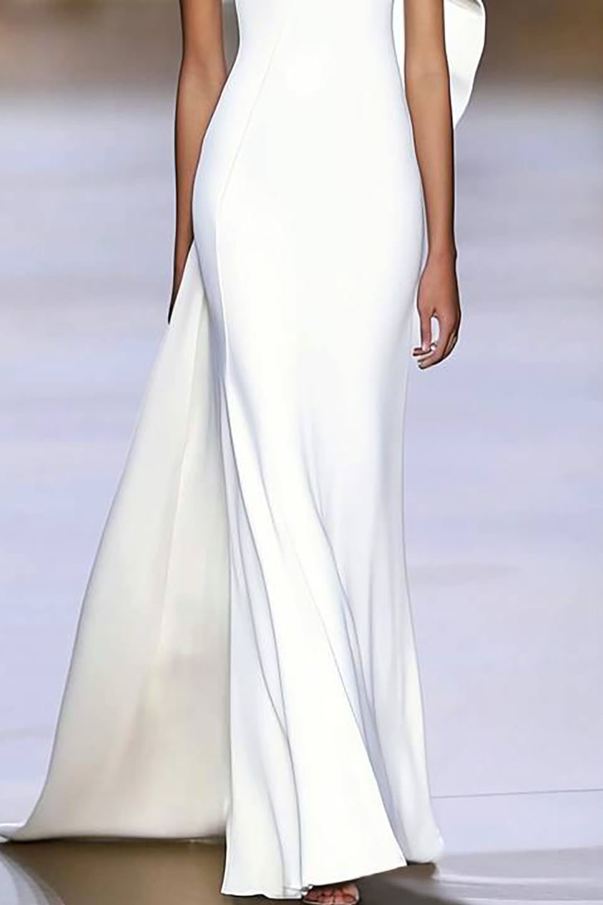 Formal Evening White Dress One-shoulder Cape Maxi Dress-chiclody