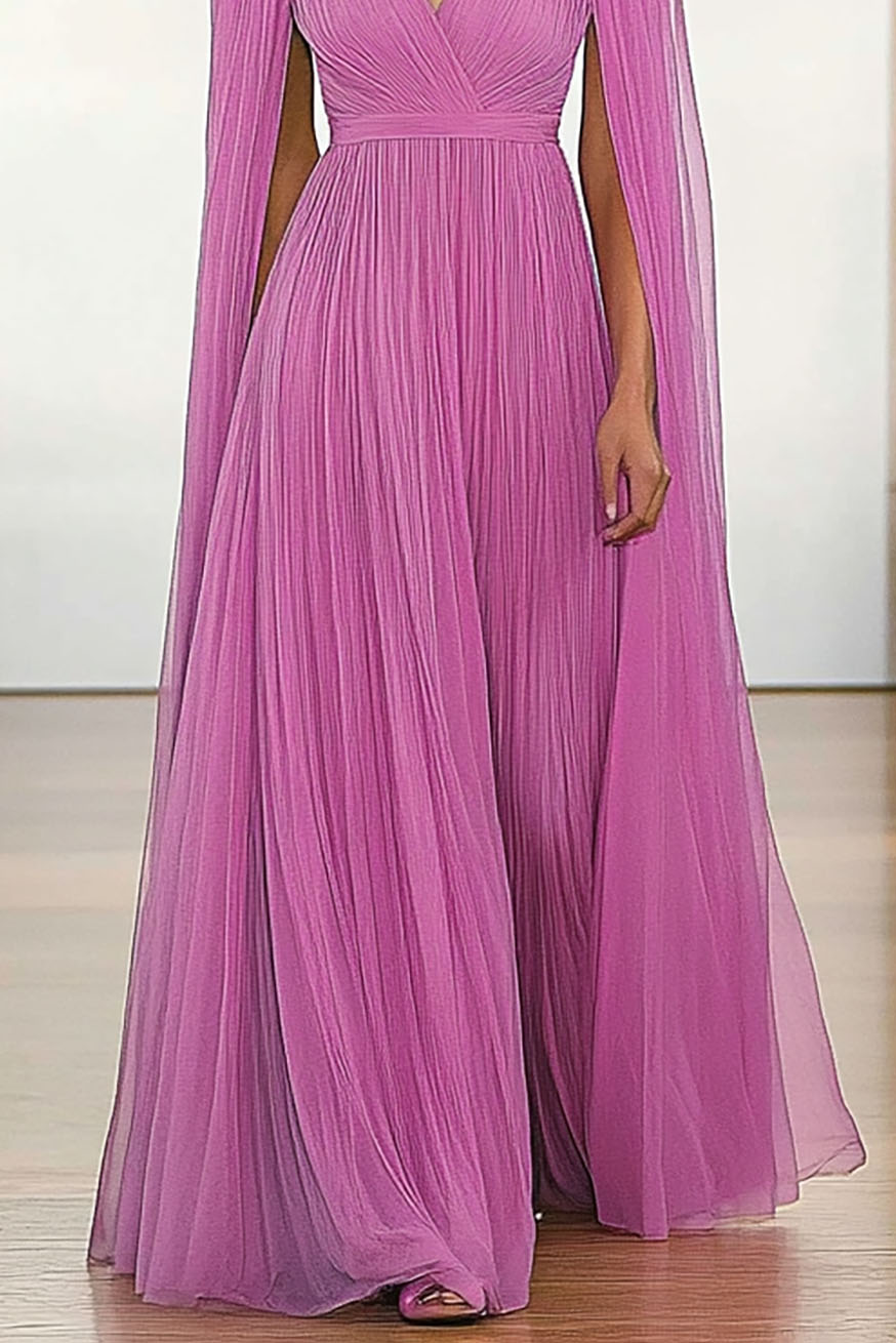 Formal Evening Dress Tulle Deep V Pleated Light Purple Cape Maxi Dress