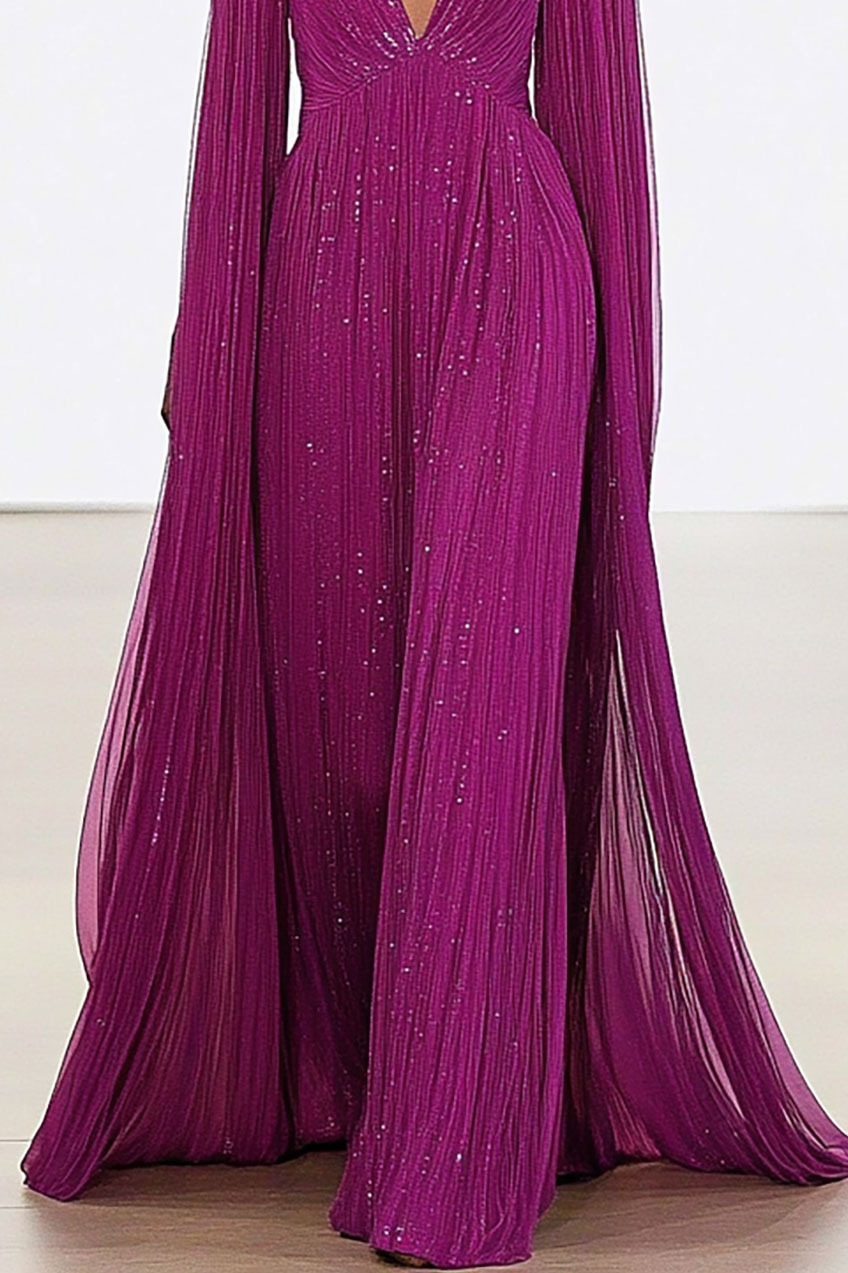 Formal Evening Dress Mesh Deep V Sequin Purple Cape Maxi Dress