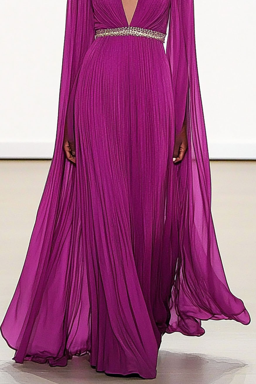 Formal Evening Dress Tulle Deep V Rhinestone Belted Cape Floor-Length Dress