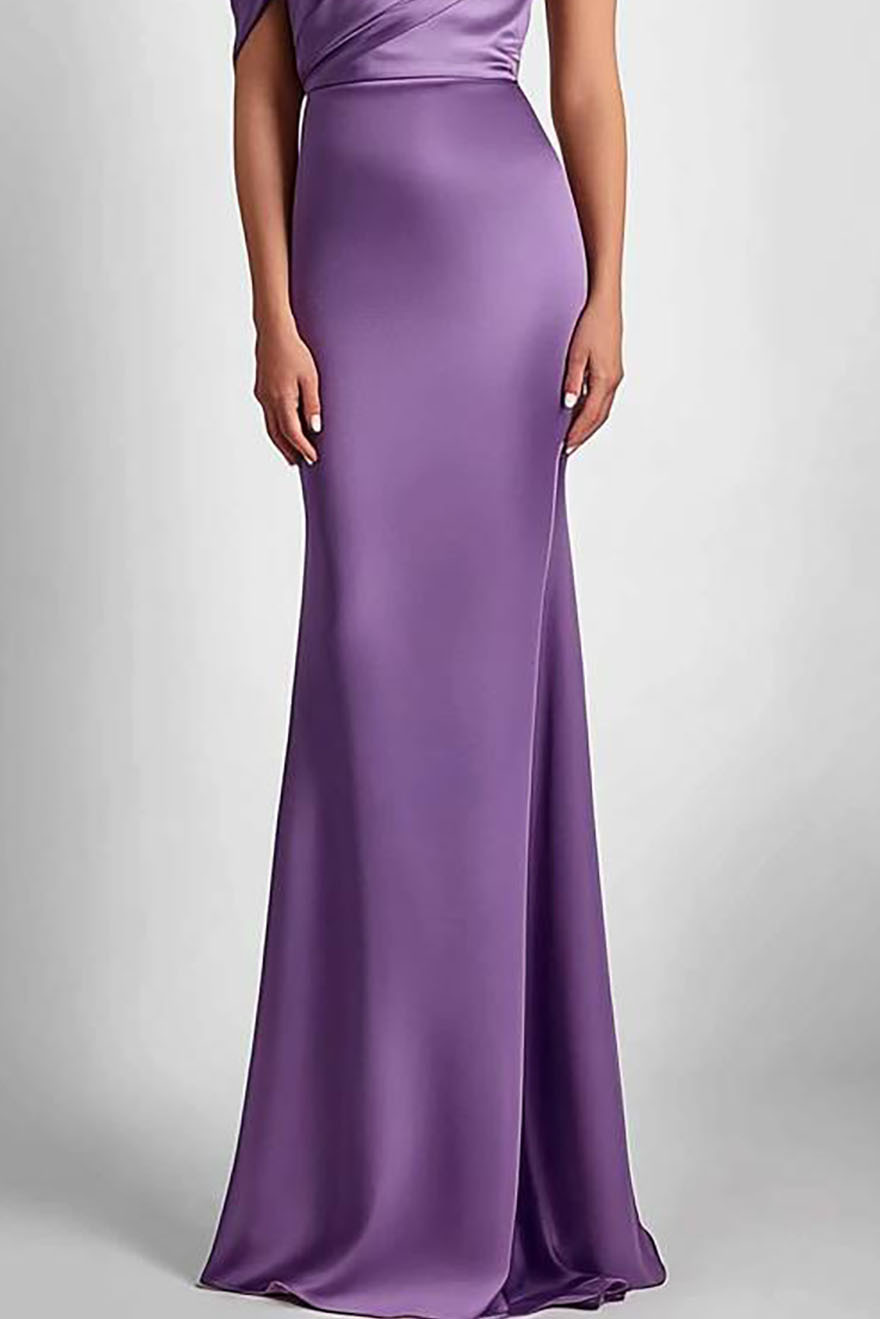 Elegant Satin Dress Layered Short Sleeve Asymmetrical Neck Floor-length Dress