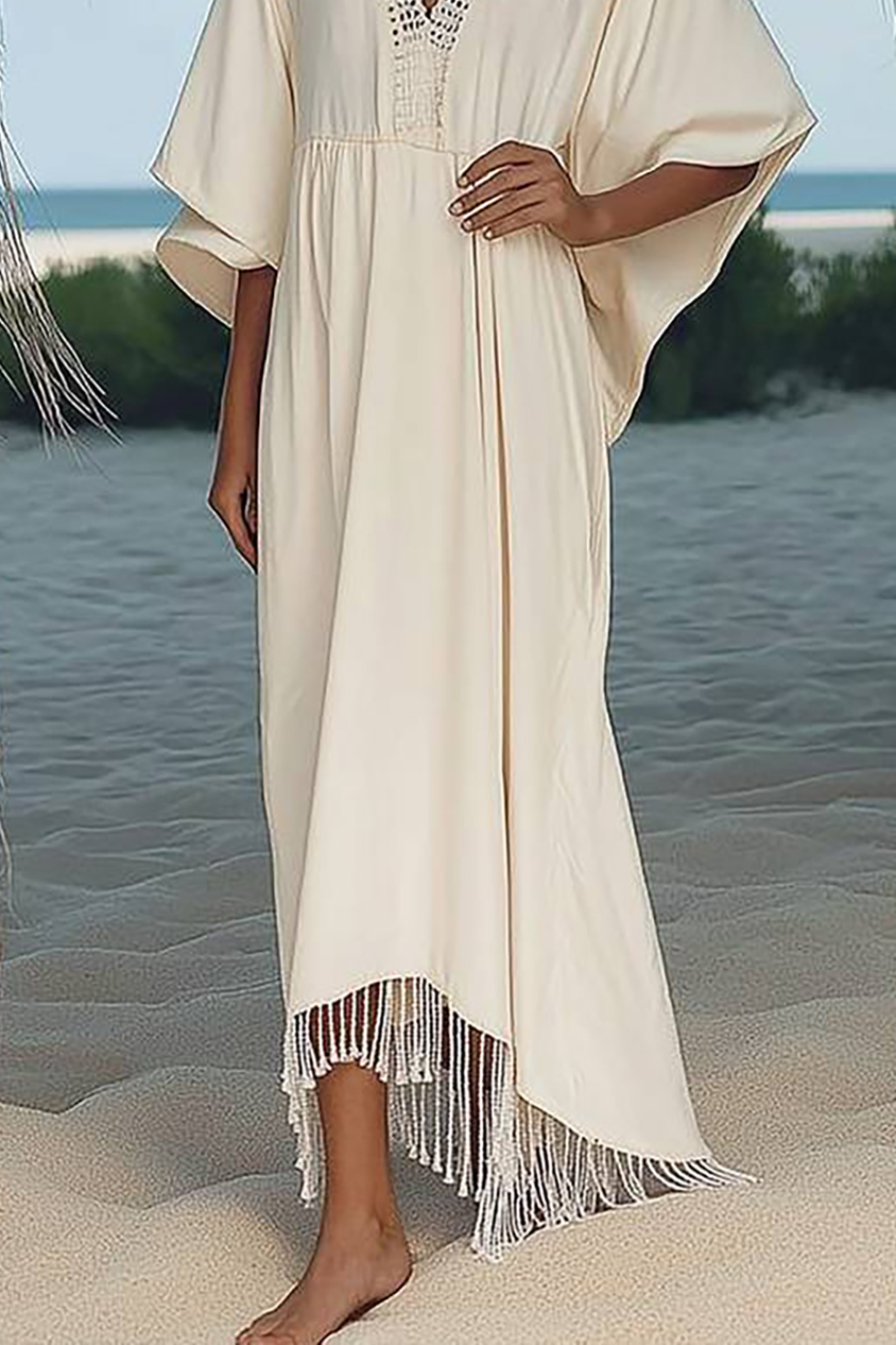 Beach Vacation Dress Beige Deep V Lace Trim Tassel Loose Maxi Dress