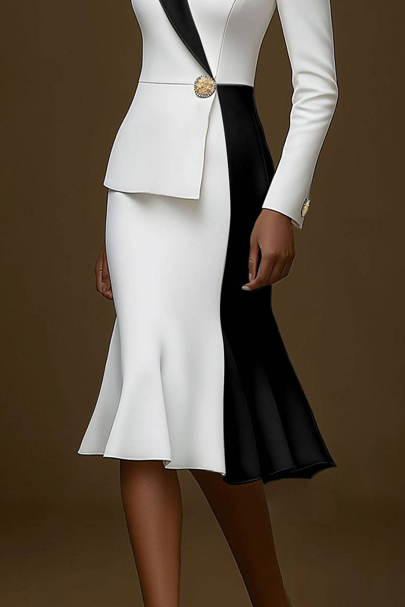 Business Work Blazer Dress Color Block Long Sleeve Mermaid Collar Midi Dress