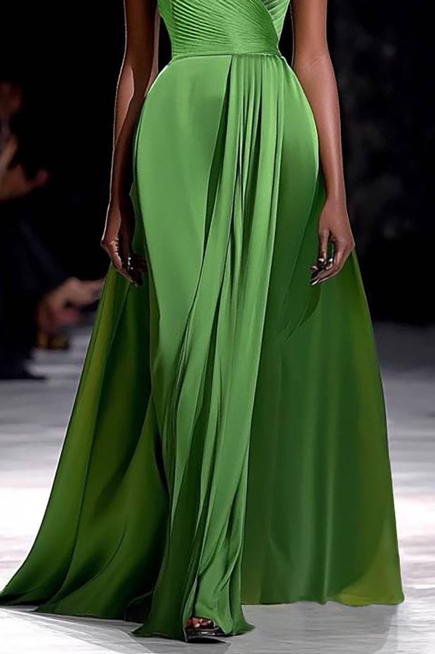 Formal Prom Dress Green Satin One-Shoulder Pleated Floor-Length Dress
