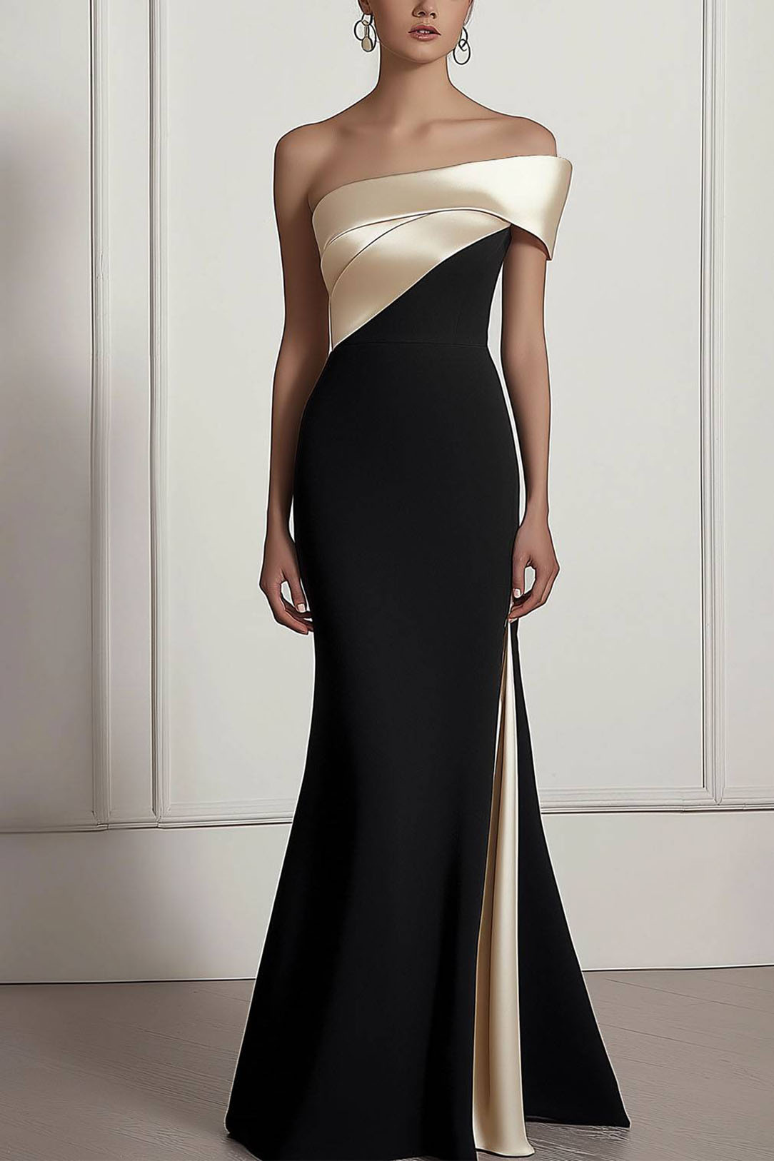 Formal Prom Dress Off-Shoulder Color-block Side Slit Floor-Length Dress