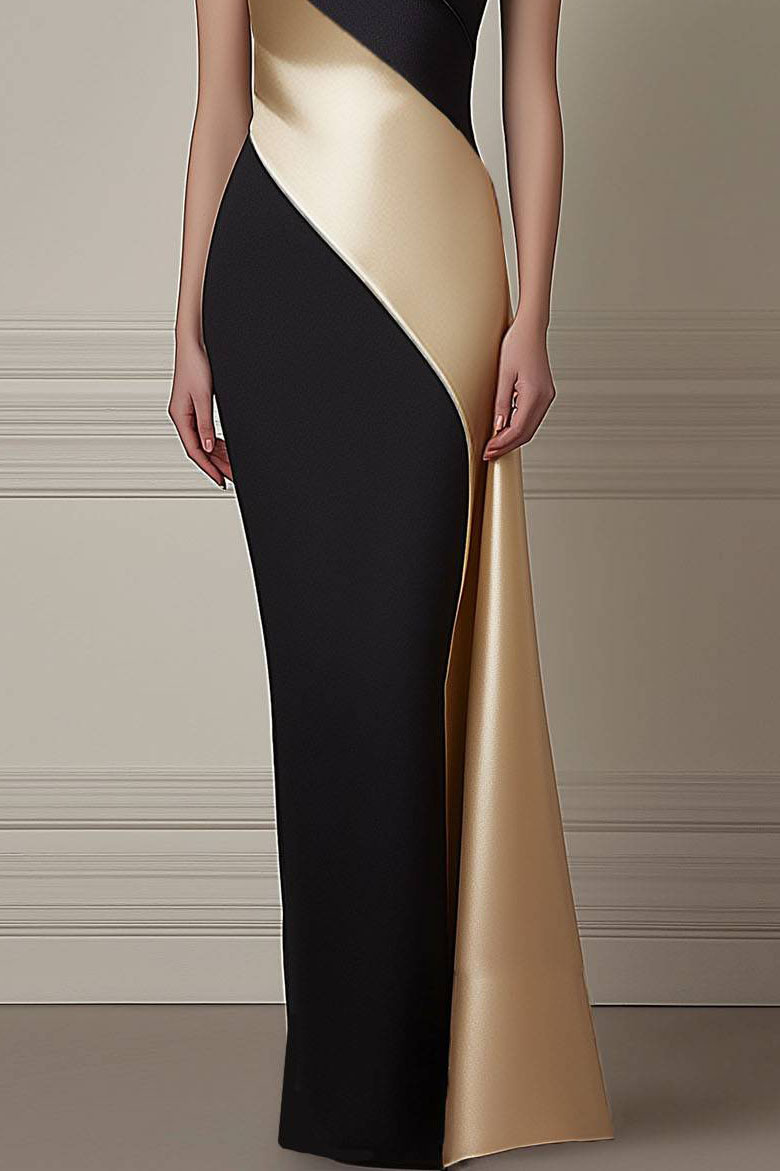 Formal Prom Dress One-Shoulder Champagne Black Color-block Floor-Length Dress