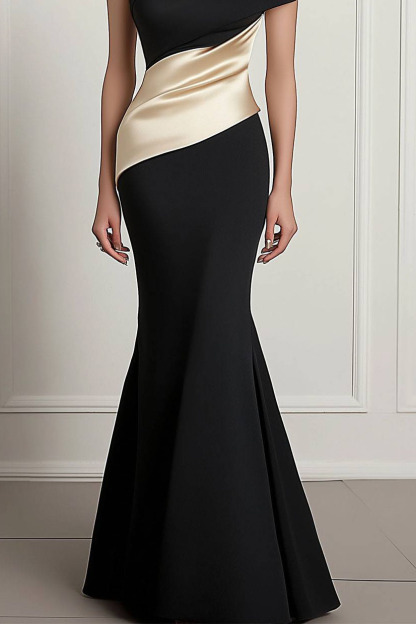 Formal Prom Dress One-Shoulder Champagne Black Color-block Mermaid Floor-Length