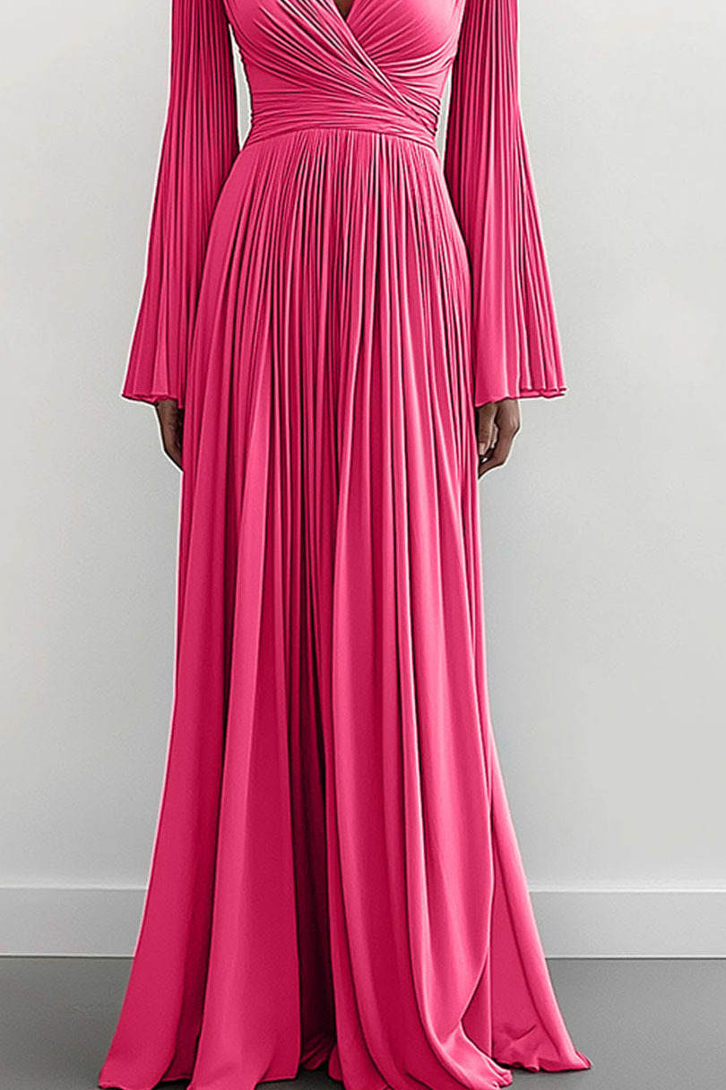 Elegant Evening Dress Deep V Long Sleeve Bell Sleeve Pleated Draped Floor-length Gown