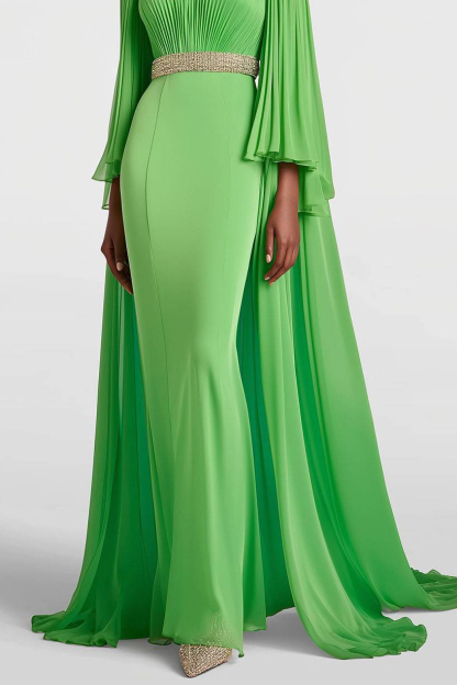 Evening Formal Dress Cape Long Sleeve Rhinestone Waistband V-Neck Maxi Dress