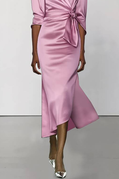 Wedding Guest Party Satin Dress Cross Neck Half Sleeve Mid-Length Dress