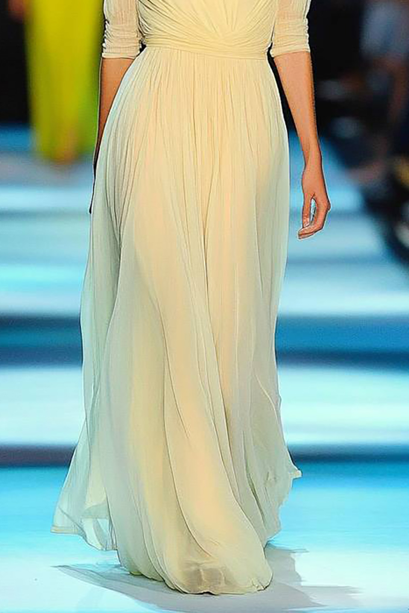Evening Formal Chiffon Dress Light Yellow V-Neck Half Sleeve Floor-Length Dress
