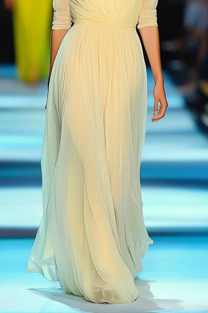 Evening Formal Chiffon Dress Light Yellow V-Neck Half Sleeve Floor-Length Dress