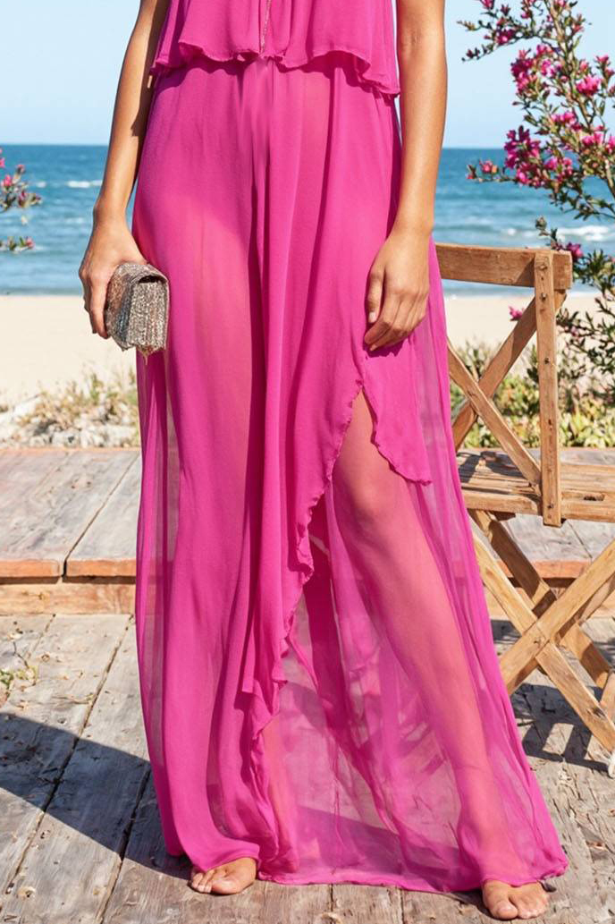 Casual Vacation Dress Fuchsia Halter Sleeveless Zipper Chiffon Maxi Dress