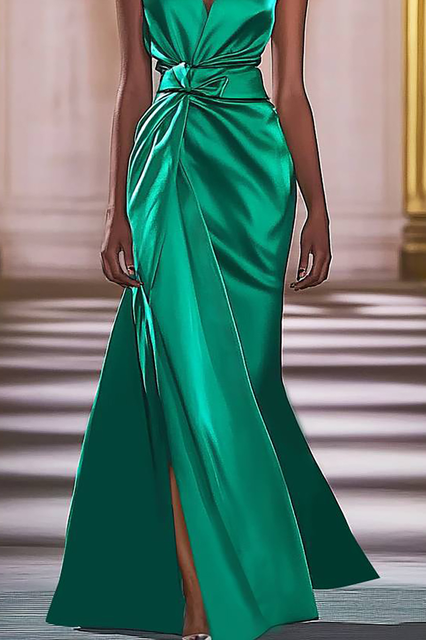 Evening Party Satin Dress Green Deep V-neck Slit Maxi Dress
