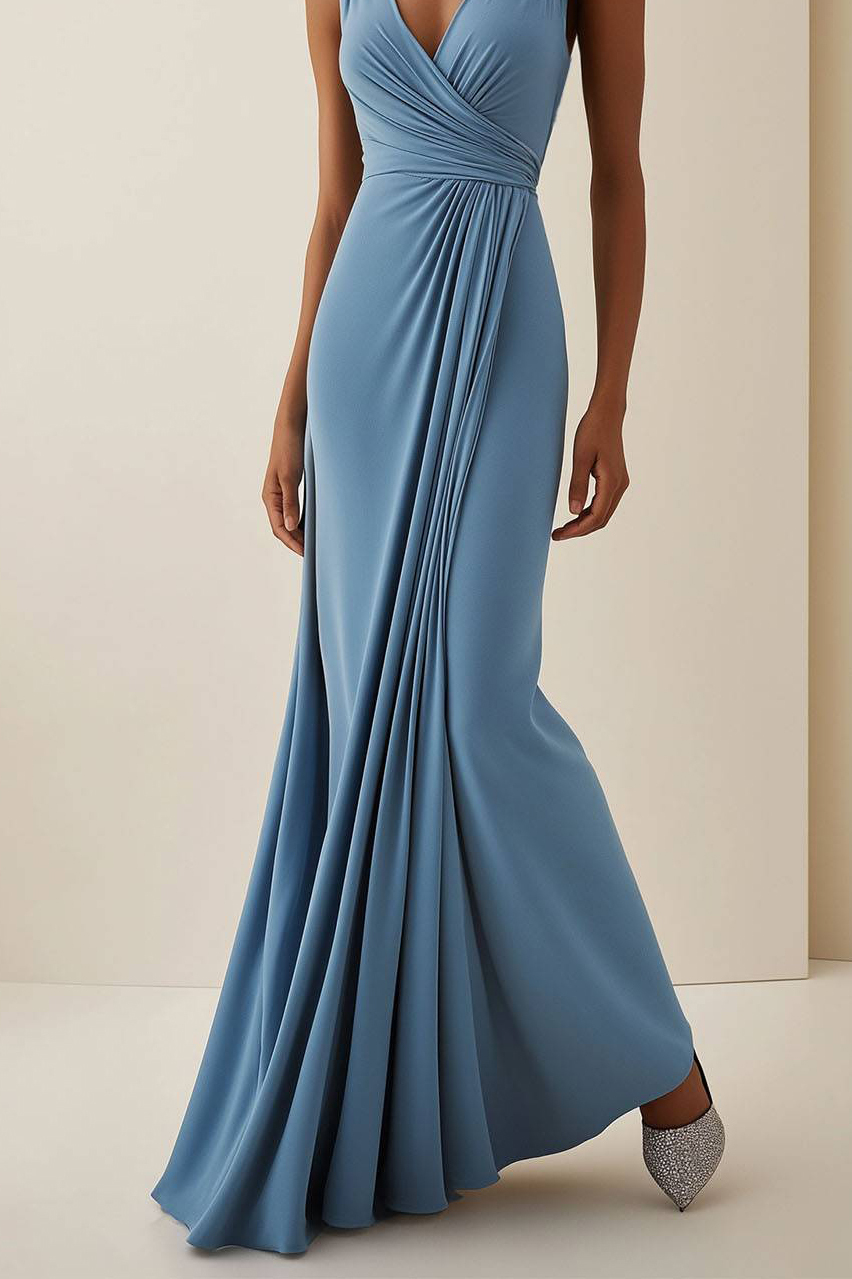 Wedding Guest Party Dress Light Blue Sleeveless Pleated Maxi Dress