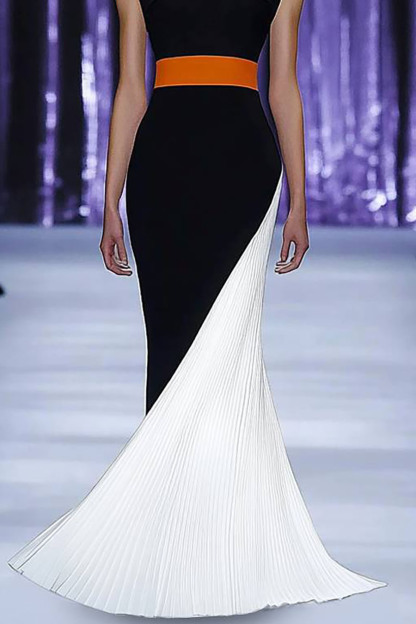 Evening Formal Strapless Dress Black-White Color Block Orange Belt Pleated Maxi Dress