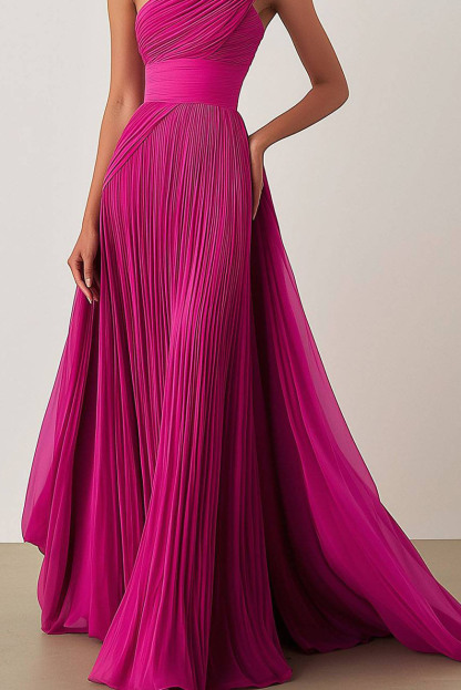 Prom Formal Pleated Dress Rose Color One-Shoulder Floor-Length Dress