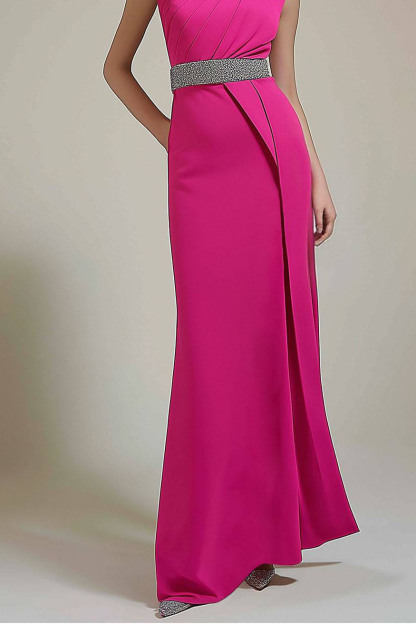 Party Semi-Formal Dress Rose Color Pleated Sleeveless Belted Maxi Dress
