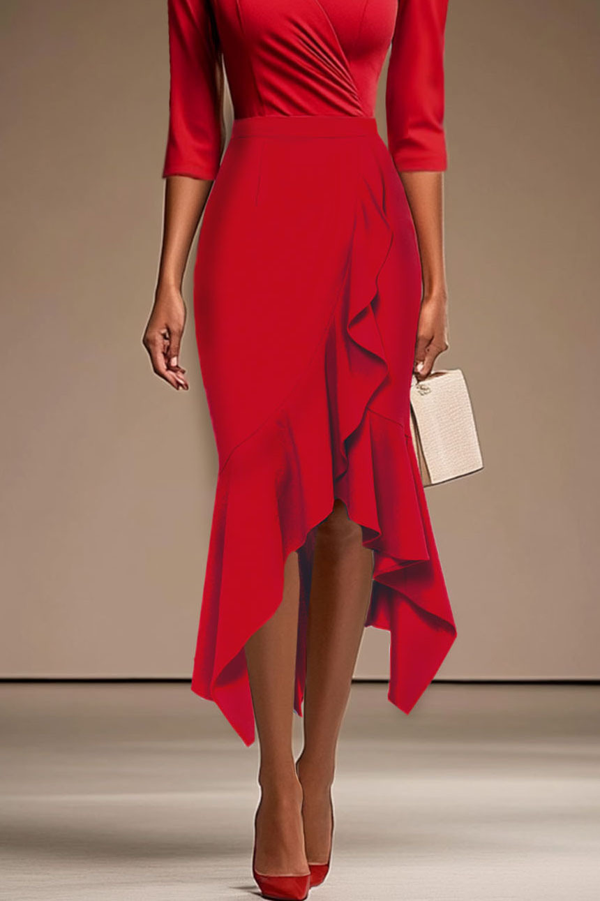Party Cocktail Red Dress V-Neck Wrap-Style Top Asymmetrical Ruffle Dress