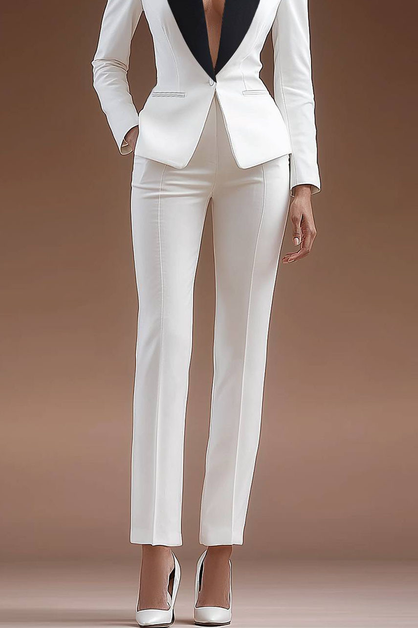 Party Work Suit Black and White Long Sleeve Collared Pocketed Trousers Suit