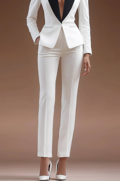 Party Work Suit Black and White Long Sleeve Collared Pocketed Trousers Suit