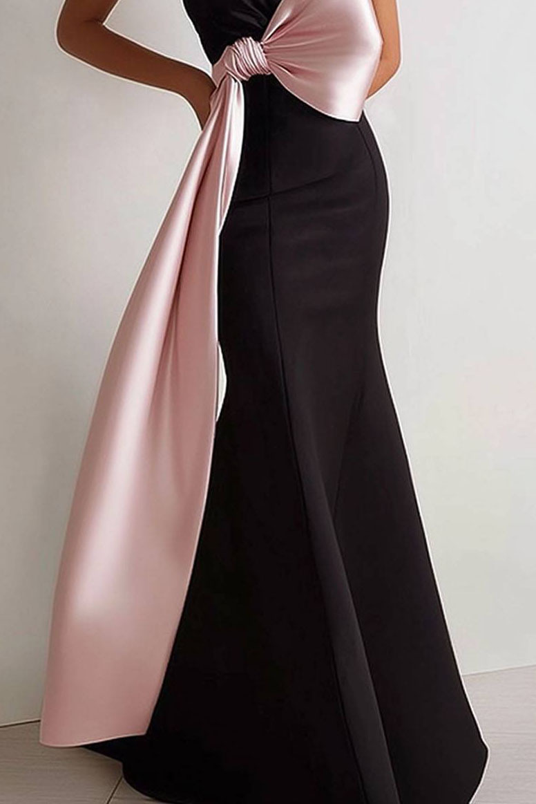Prom Strapless Dress Black with Large Pink Bow Mermaid Maxi Dress