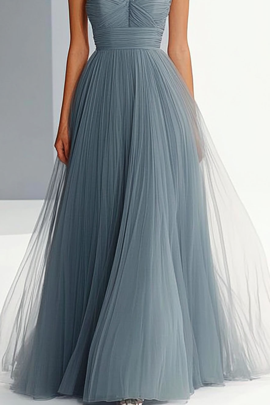 Prom Party Slip Dress Grey Blue Pleated Mesh Maxi Dress