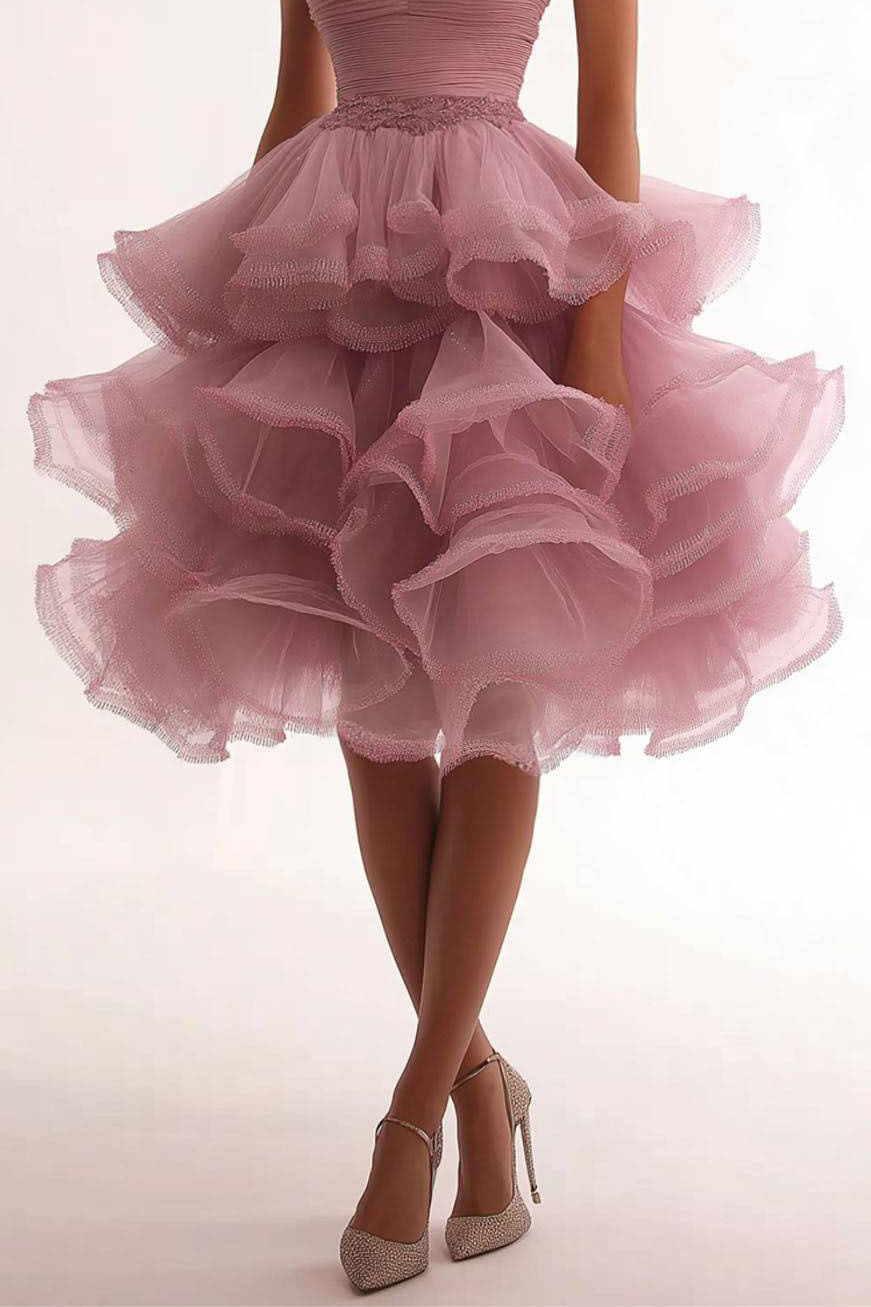 Prom Party Dress Strapless Tiered Pink Mesh Knee-Length Dress