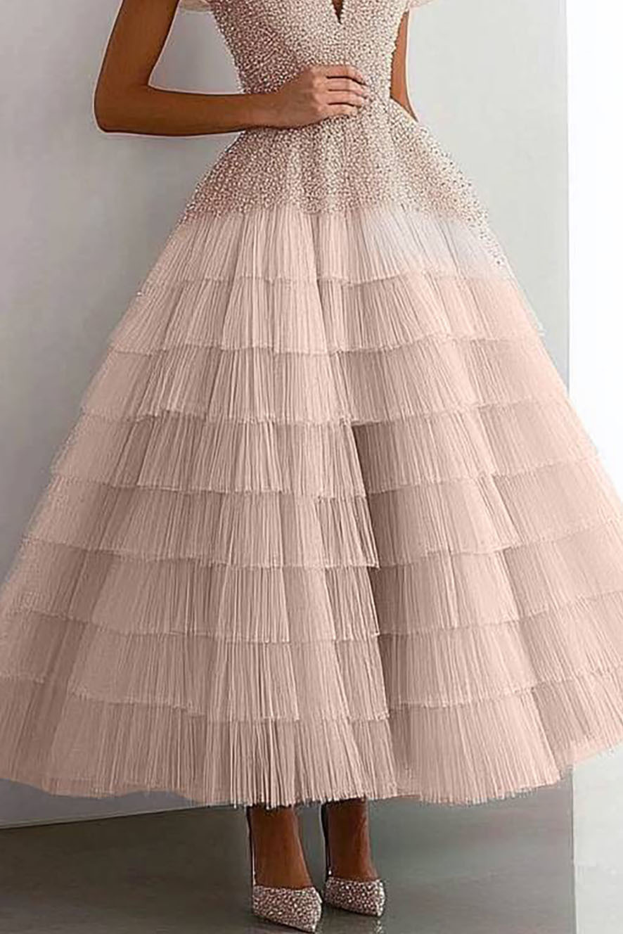 Evening Prom Tiered Dress Off-Shoulder Rhinestone Ruffled Graduation Dress