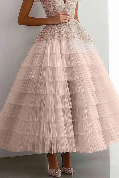 Evening Prom Tiered Dress Off-Shoulder Rhinestone Ruffled Graduation Dress