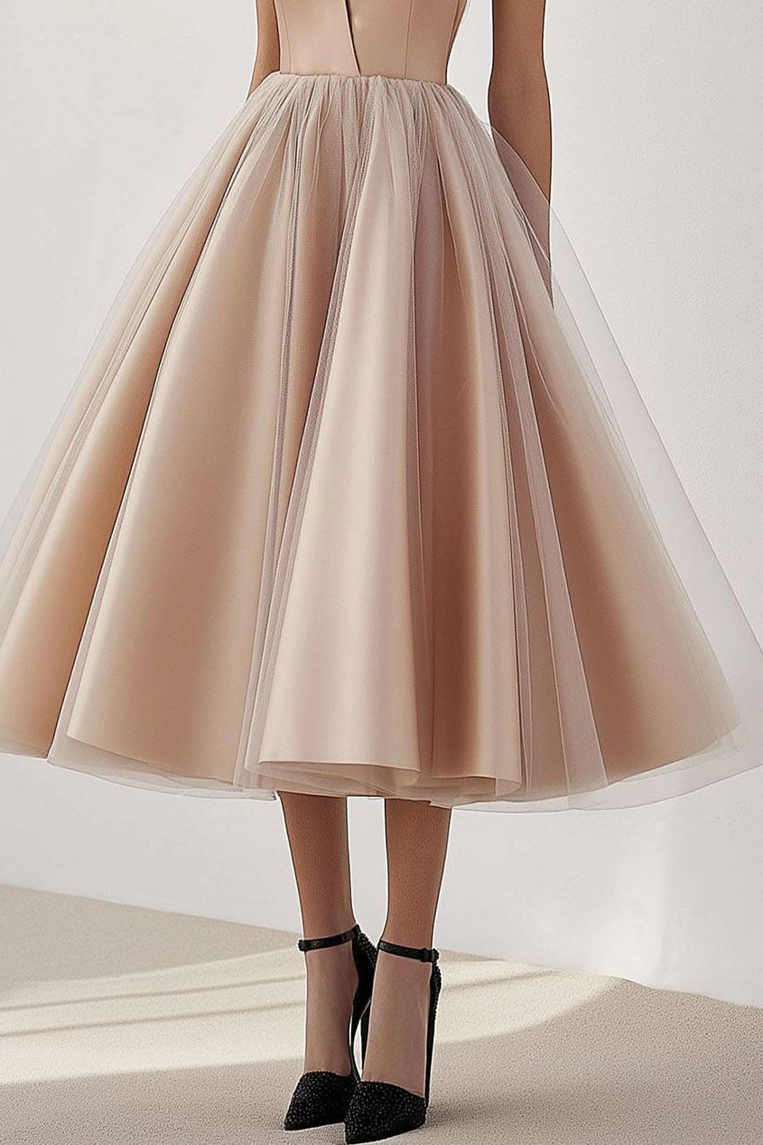 Prom Evening Mesh Dress Pink Sleeveless V-Neck Ball Gown Midi Dress