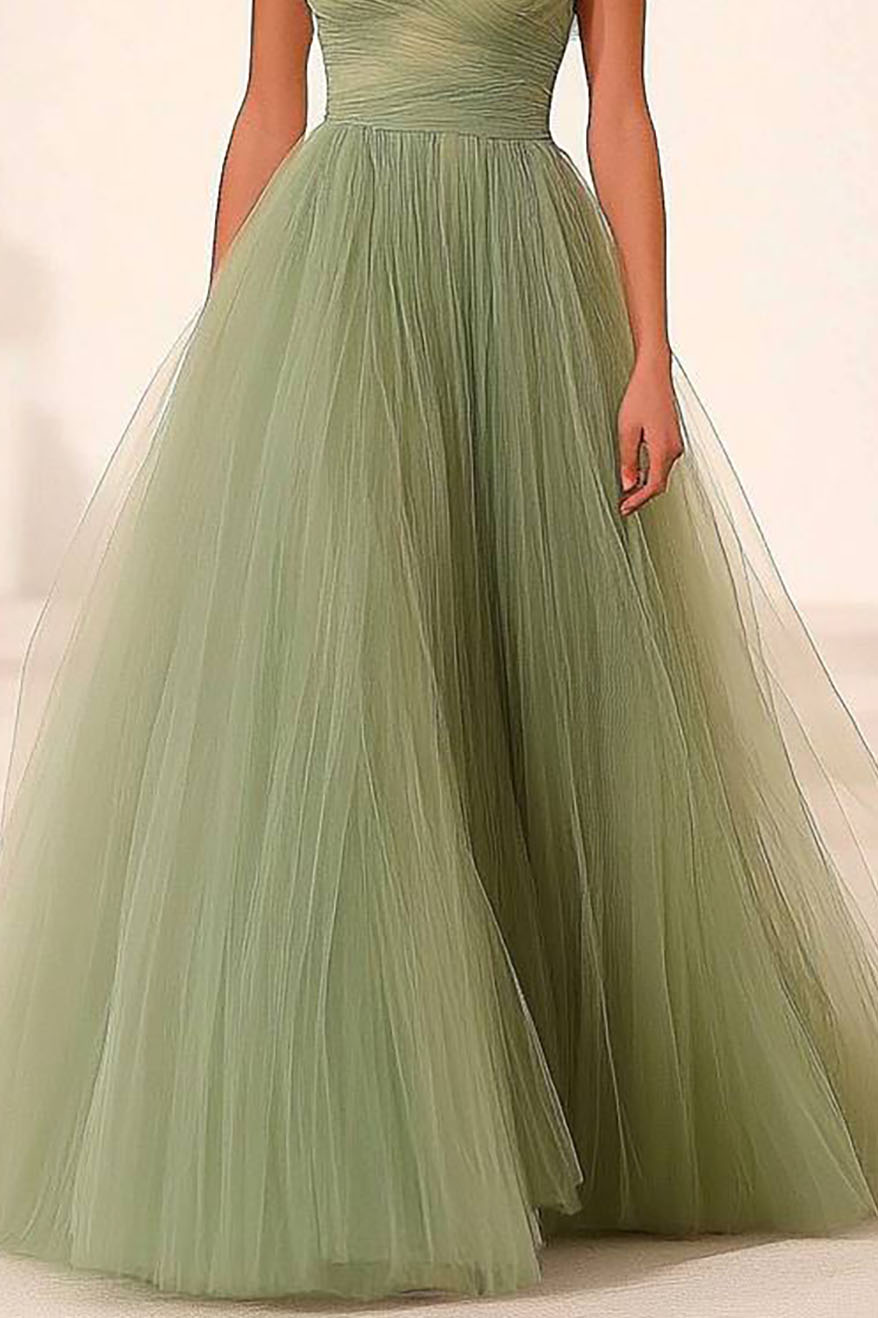 Formal Prom Mesh Dress Light Green Off-Shoulder Pleated Maxi Dress