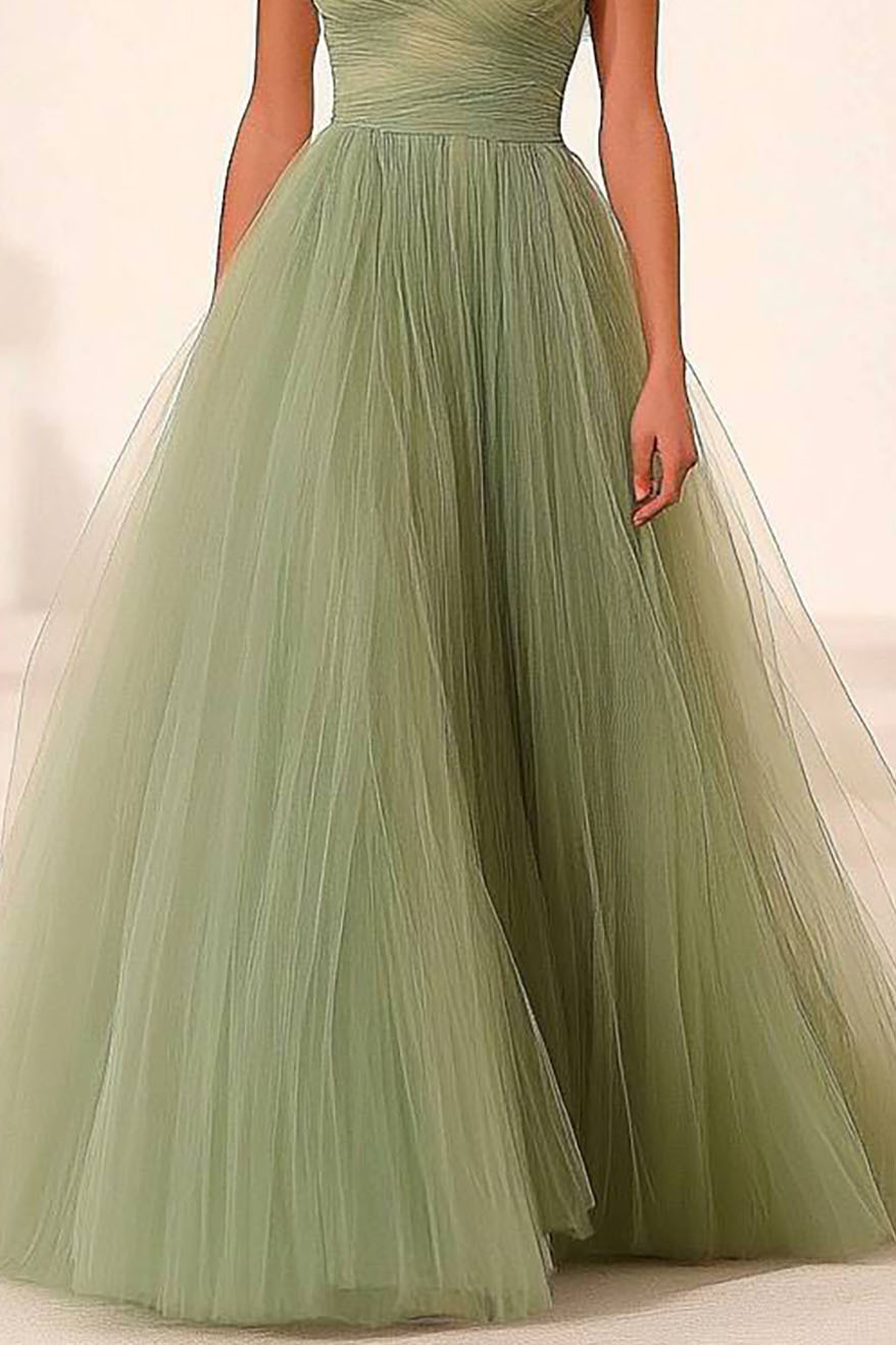 Formal Prom Mesh Dress Light Green Off-Shoulder Pleated Maxi Dress