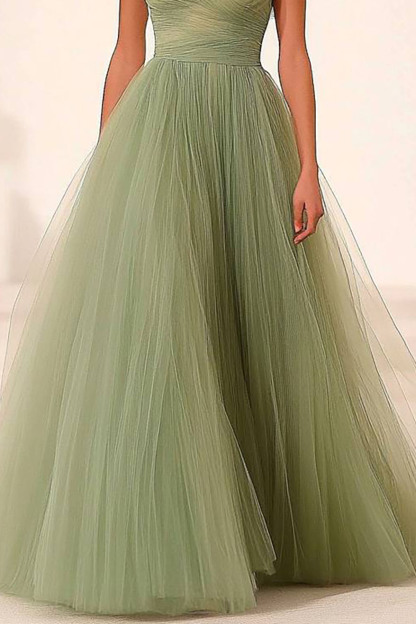 Formal Prom Mesh Dress Light Green Off-Shoulder Pleated Maxi Dress