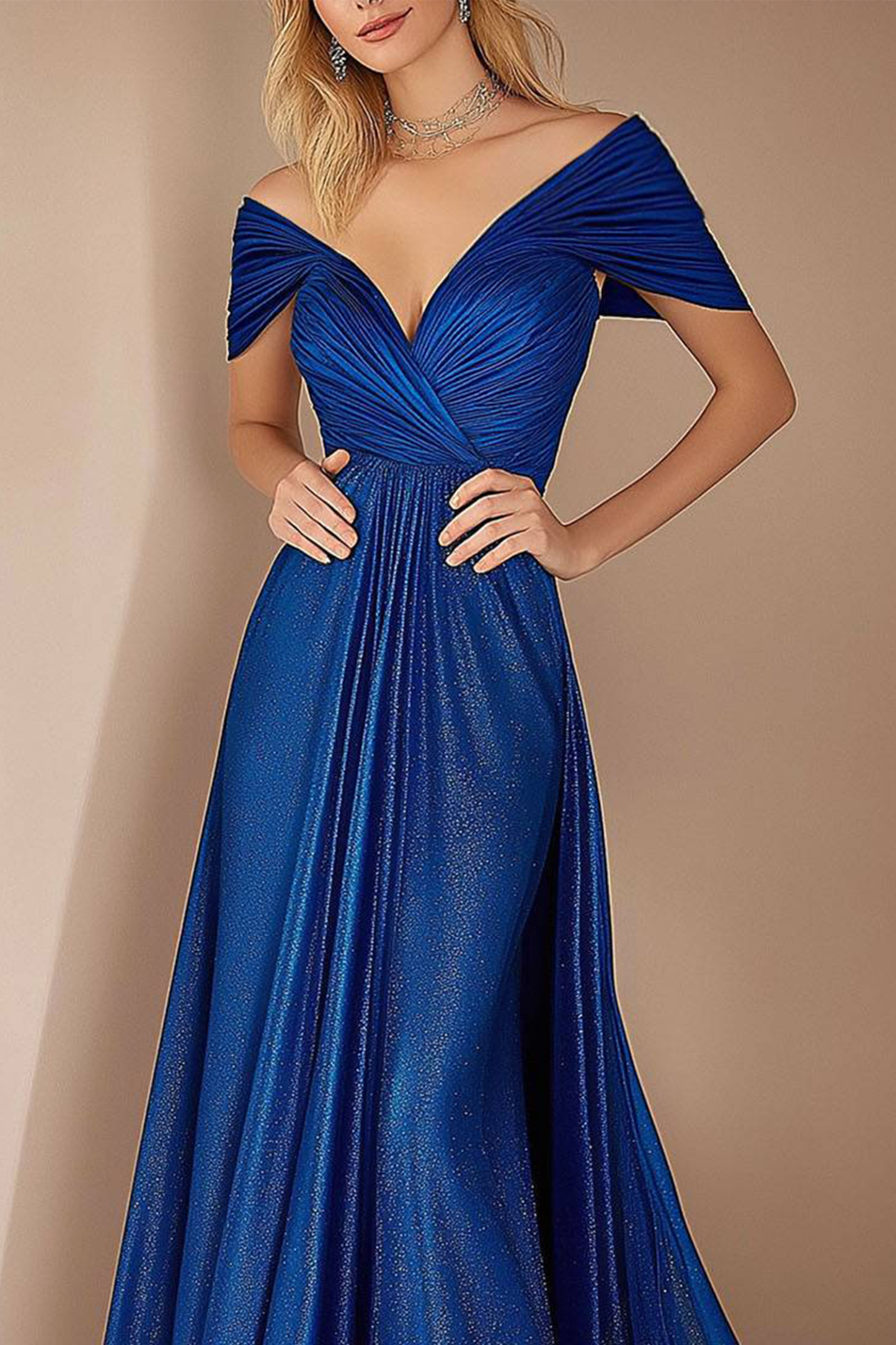 Evening Prom Blue Dress Off Shoulder Pleated Glitter Floor Length Dress