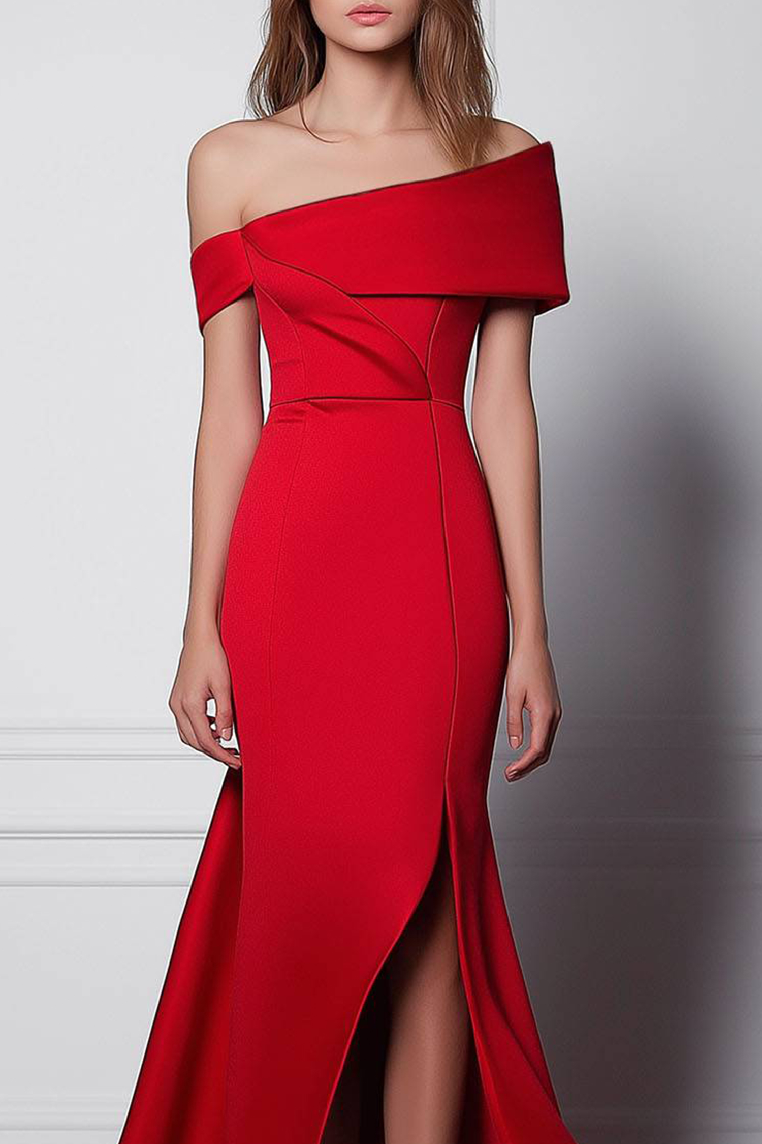 Party Prom Red Dress One Shoulder Split Floor Length Dress