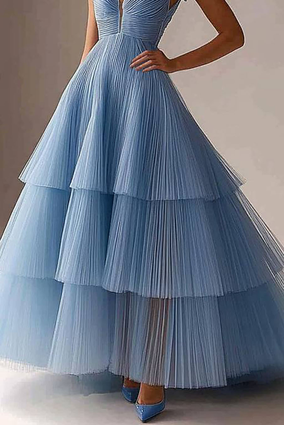 Formal Prom Tiered Dress Pleated Blue V-Neck Sleeveless Maxi Dress