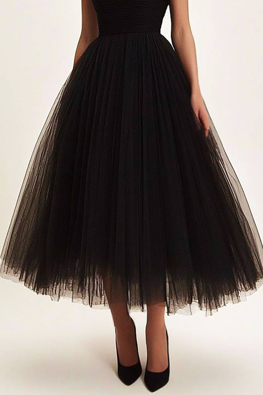 Prom Party Mesh Dress Off-Shoulder Black Midi Dress