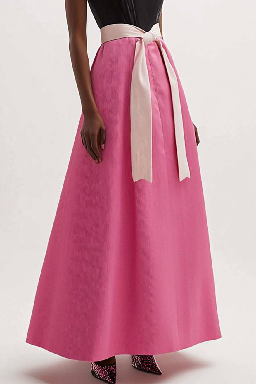 Prom Party Color Block Dress Strapless Black and Pink Belted Maxi Dress