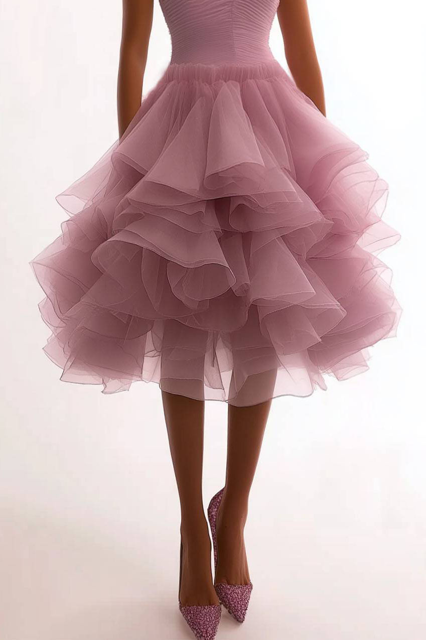 Prom Party Dress Pink Strapless Ruched Tulle Midi Dress
