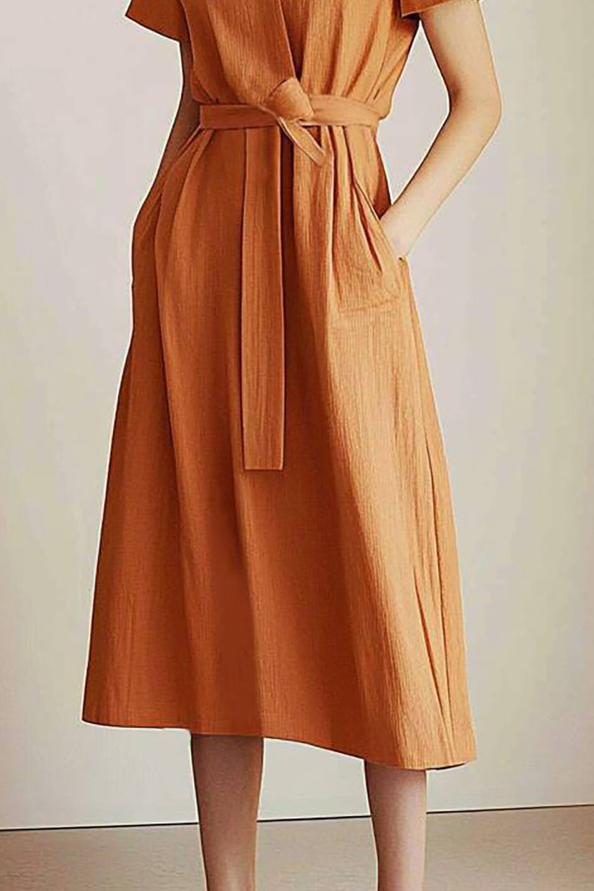 Casual Linen Dress Orange Cross-Over Tie Waist Pocketed Midi Dress