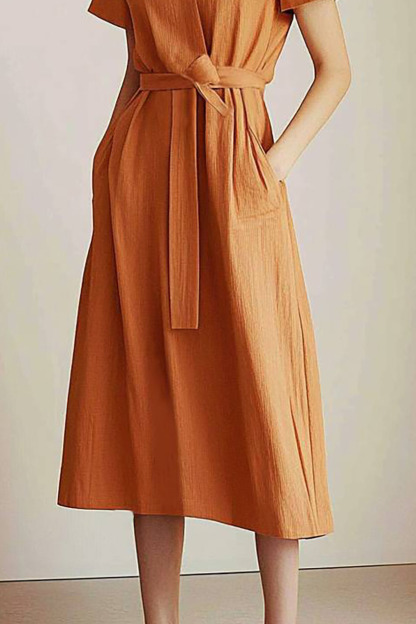 Casual Linen Dress Orange Cross-Over Tie Waist Pocketed Midi Dress