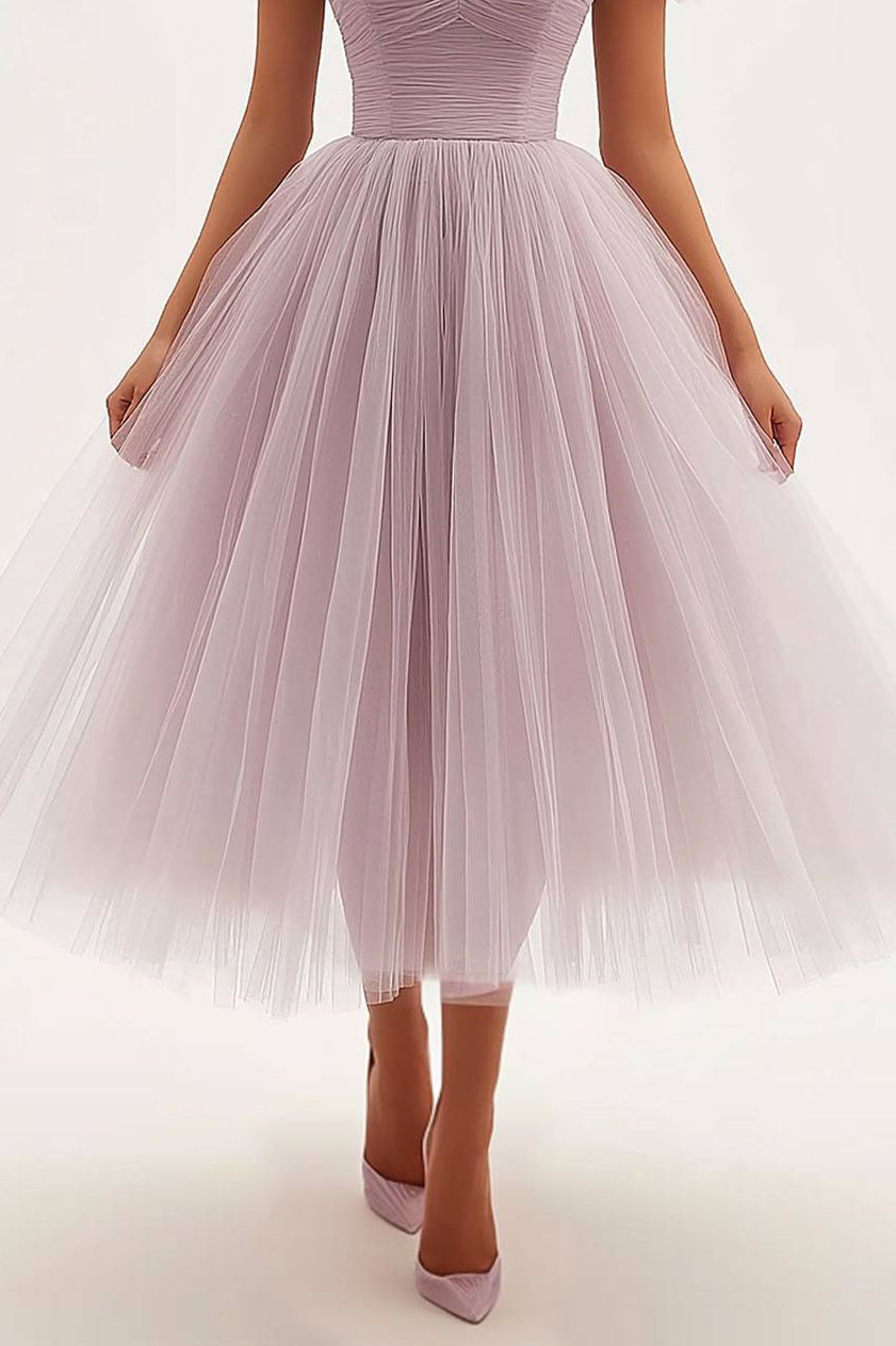 Prom Evening Tulle Dress Off-Shoulder Light Pink Pleated Midi Graduation Gown